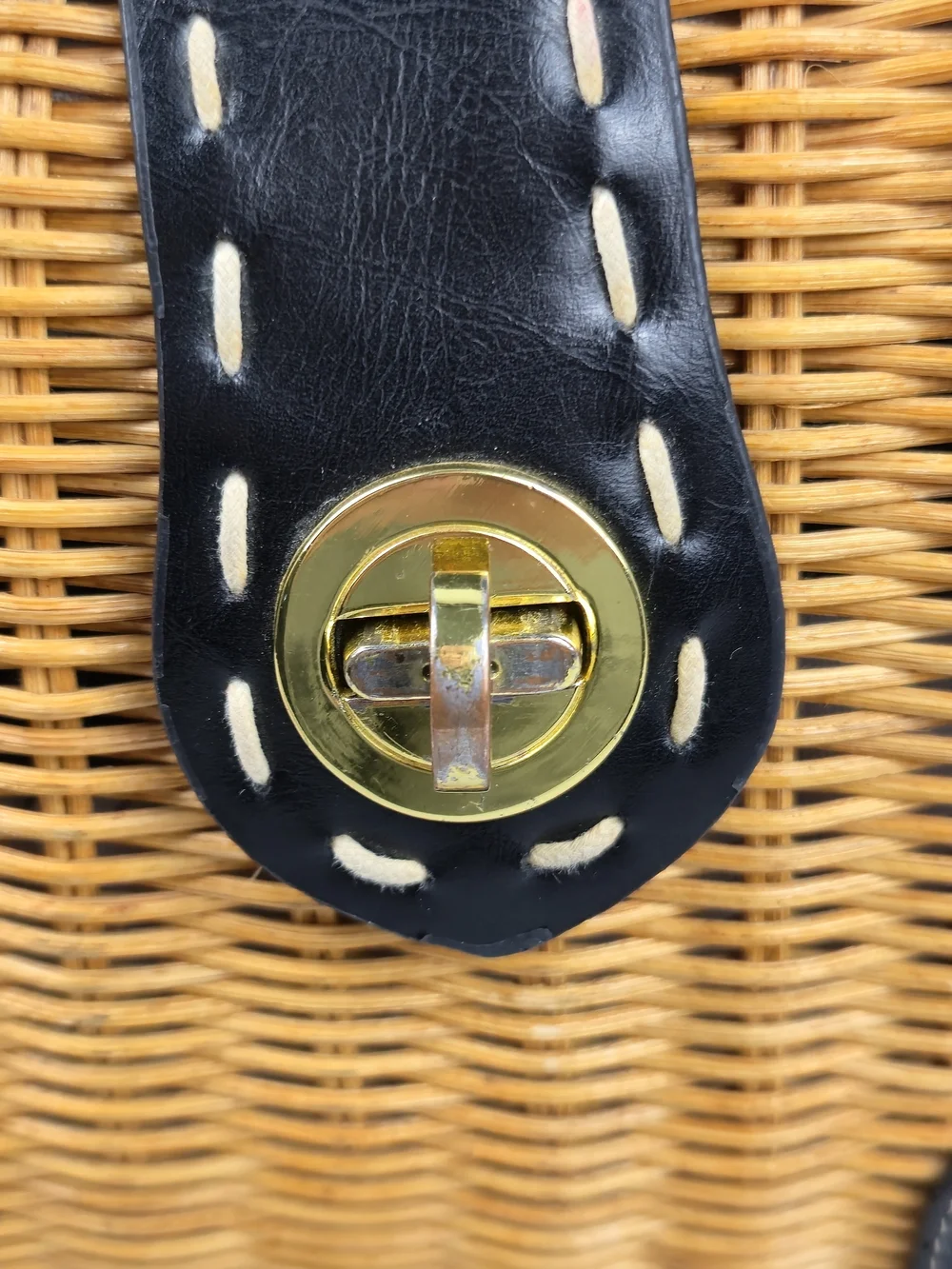Woven Wicker Satchel Bag Black Leather Trim Turn Lock